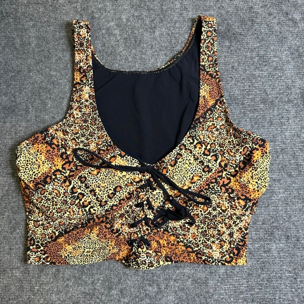 NWT Skinny Dippers Felicity Leopard Print Lace Up Bikini Top Brown Black Large